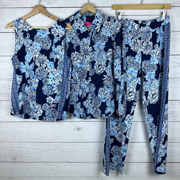 Lilly Pulitzer Tops - Lilly Pulitzer Tank Top, Button Shirt, Pant Set Low Tide Navy Medium And Small